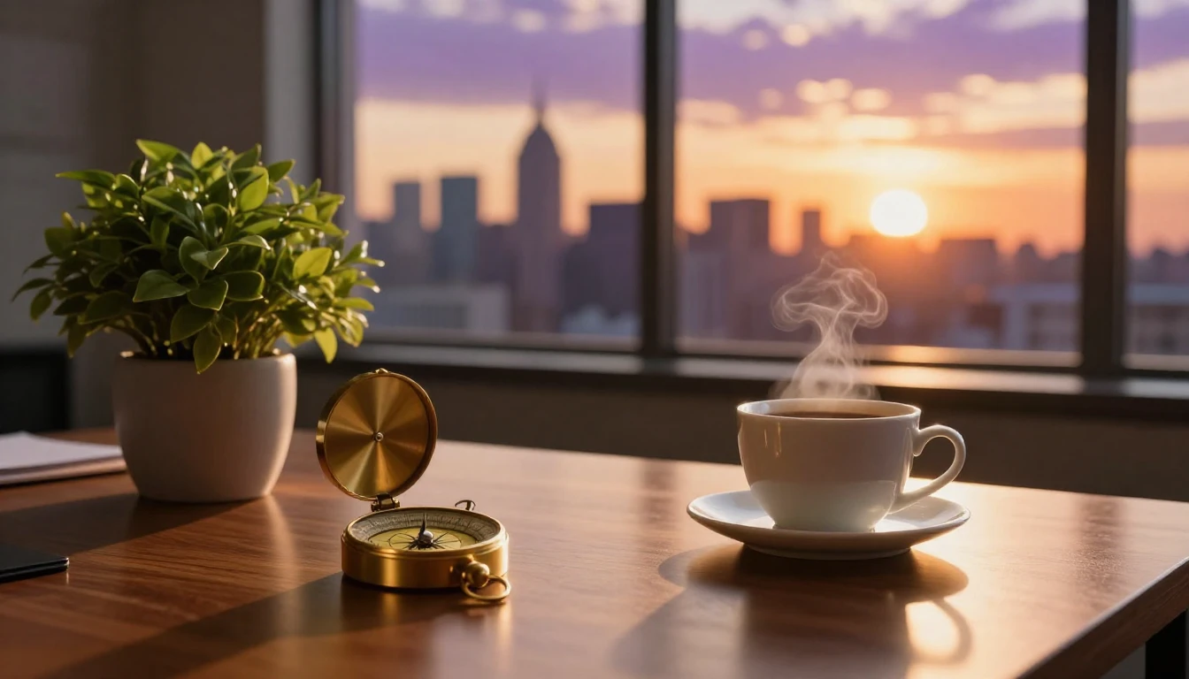 A warm and inviting office scene during the golden hour. On ...