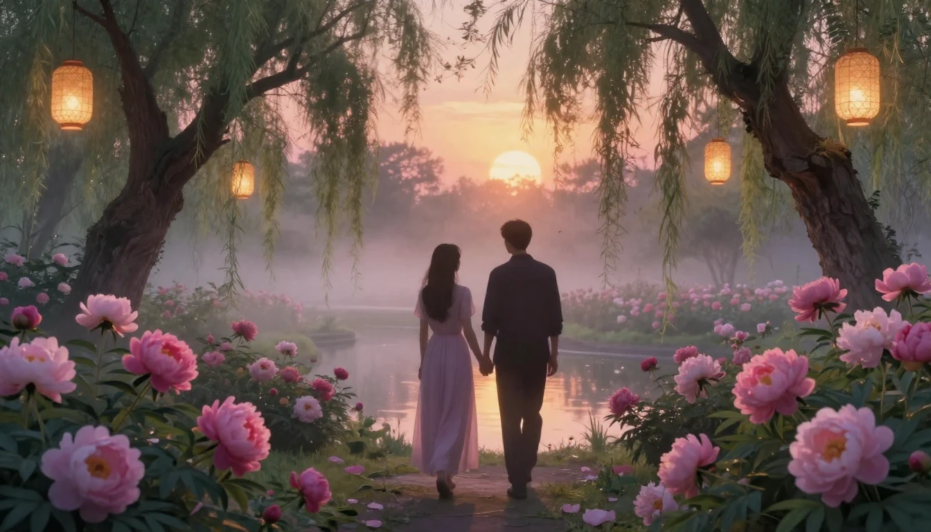 A romantic and ethereal scene featuring two silhouettes of a...