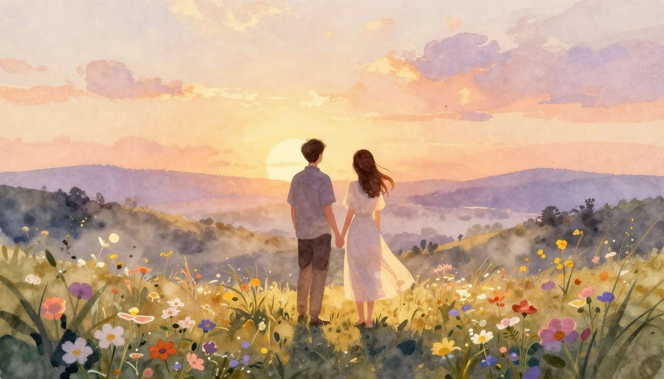 A romantic watercolor illustration of a couple standing on a...
