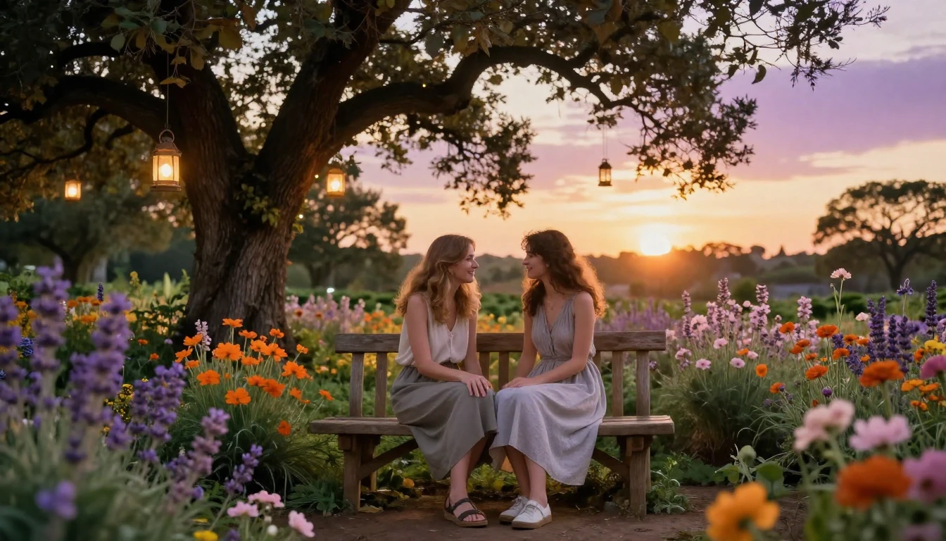 A warm and cozy scene depicting two close friends sitting on...