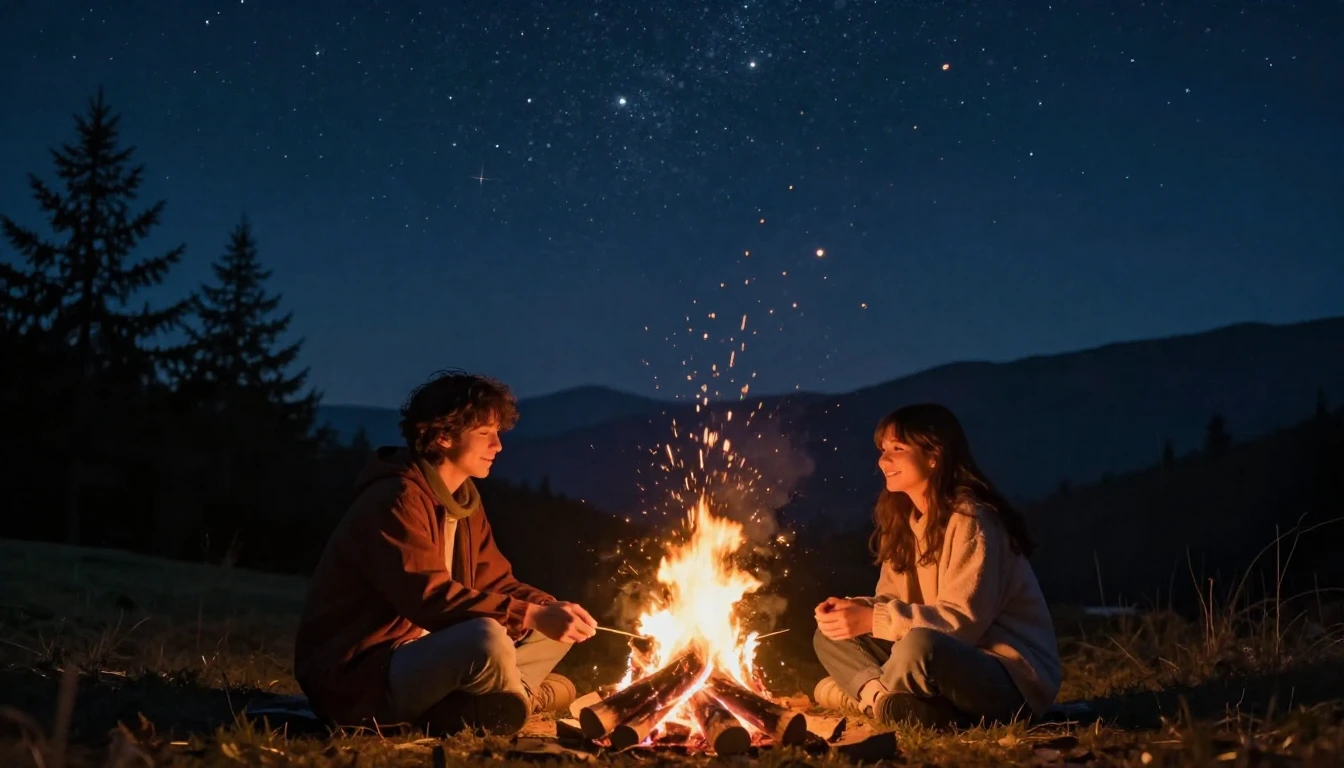 A warm and cozy scene of two friends sitting by a glowing bo...