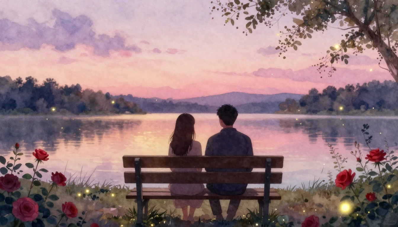 A soft and dreamy watercolor scene depicting two silhouettes...