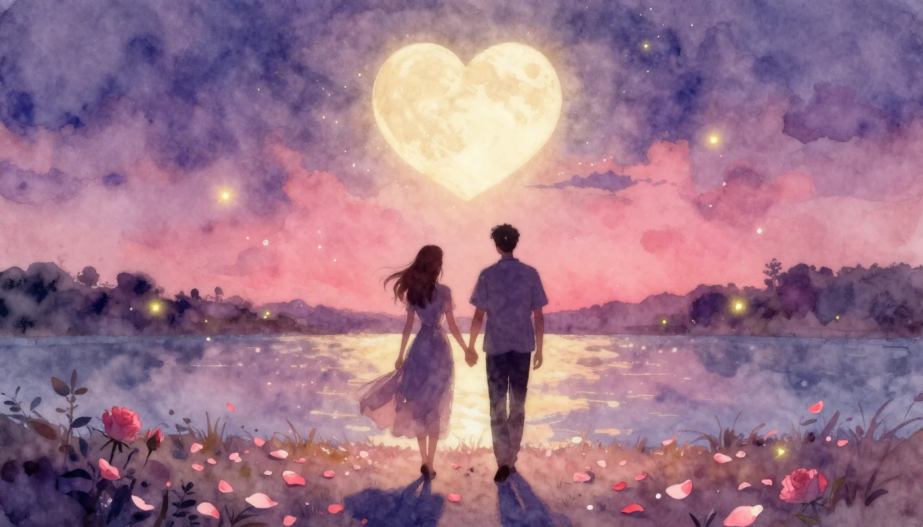 A romantic and dreamy watercolor painting depicting two silh...