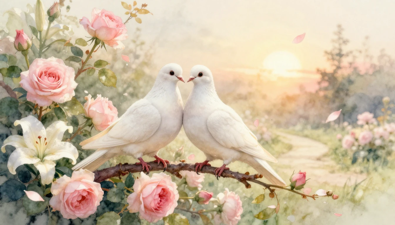 A soft and romantic watercolor painting depicting two white ...
