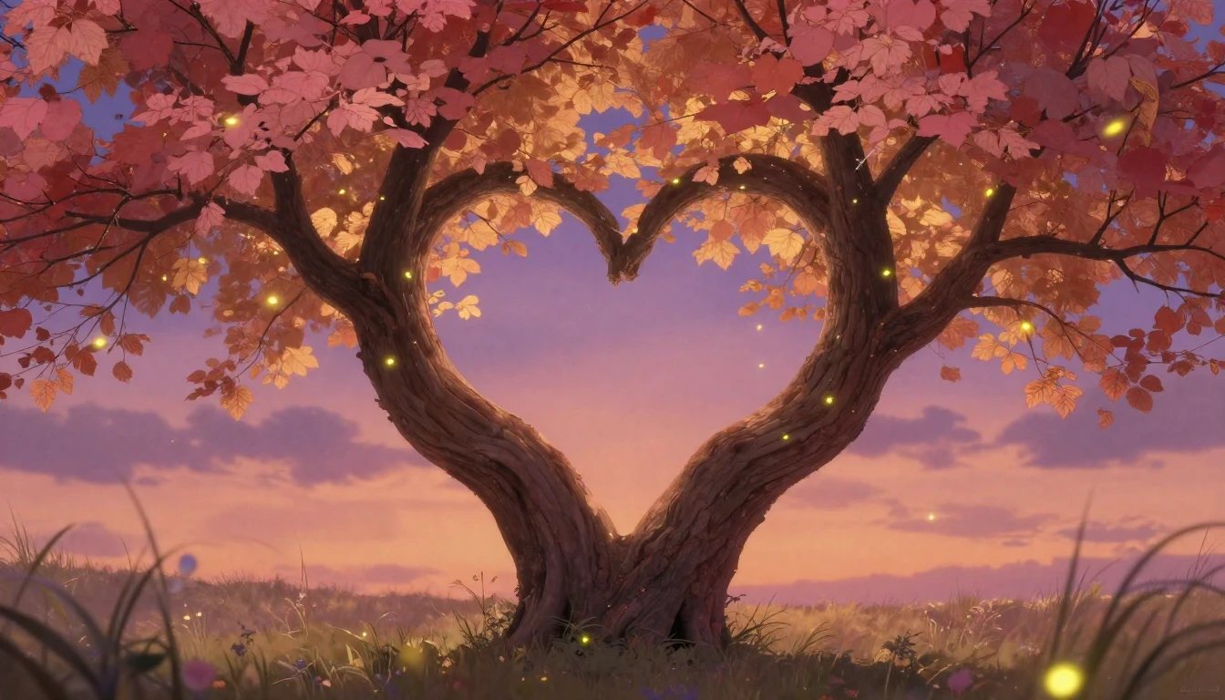 A soft and romantic scene depicting two interlocking trees f...