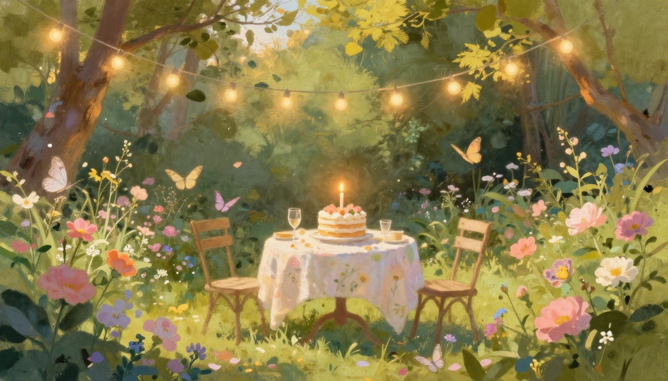 A warm and inviting scene of a cozy garden party during the ...