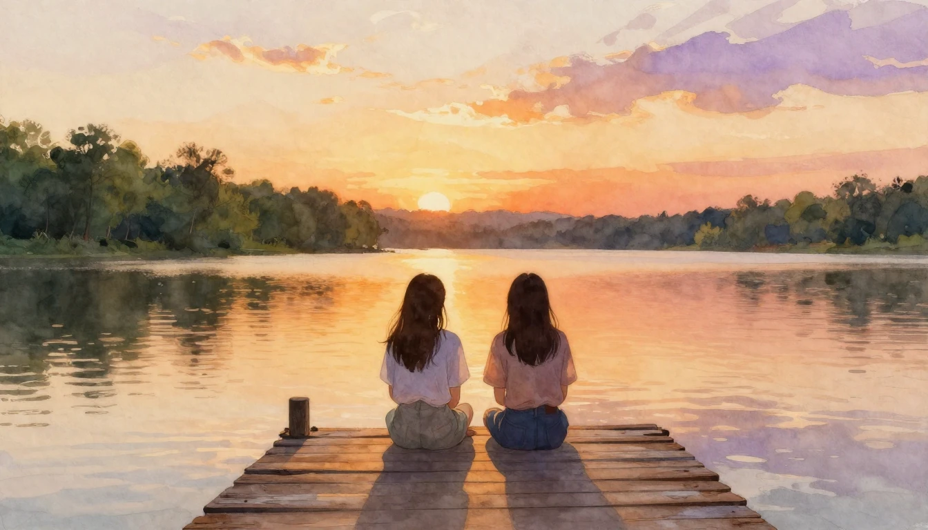 A warm and nostalgic watercolor painting of two best friends...