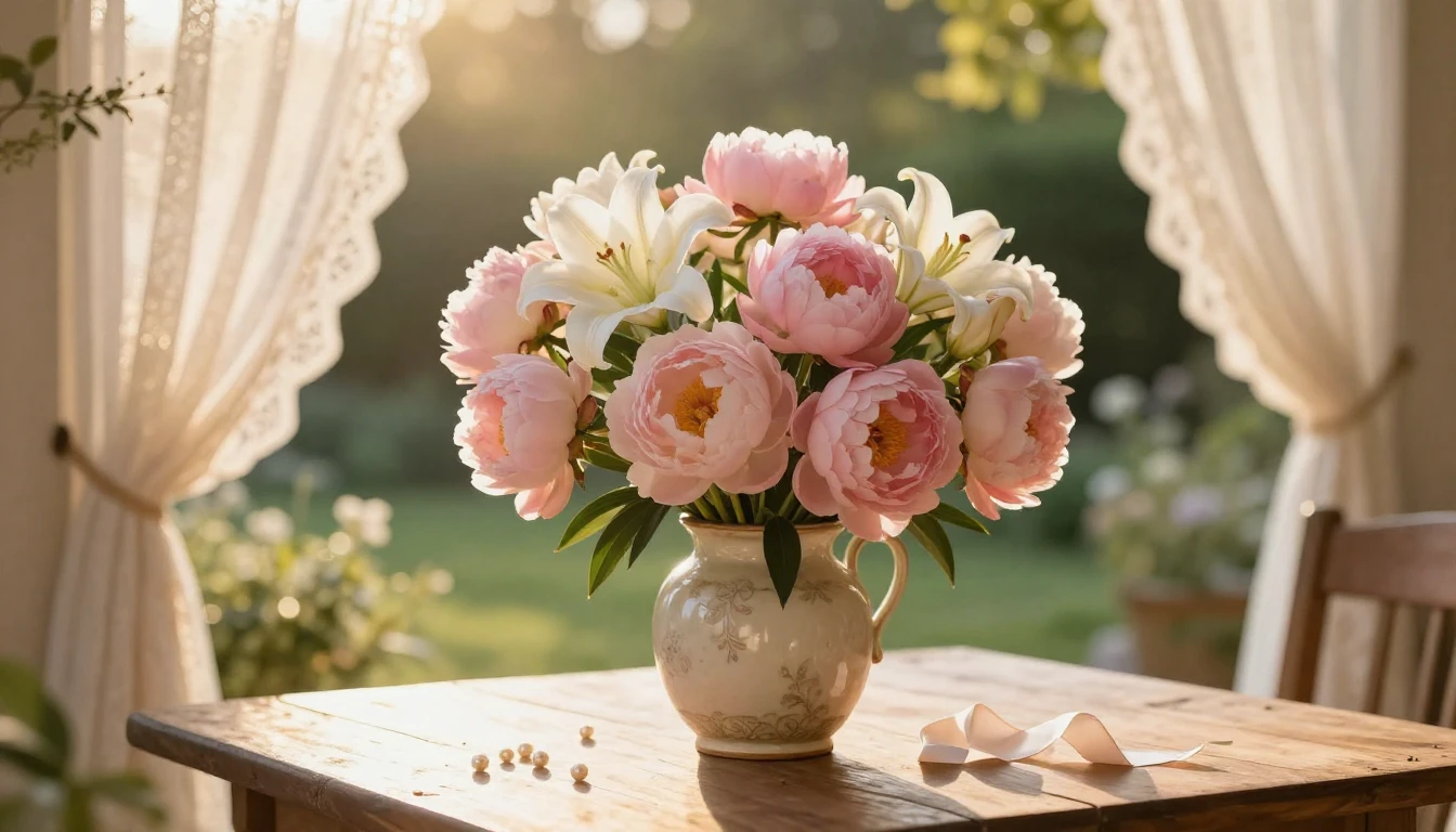 A serene and heartwarming scene featuring a lush bouquet of ...