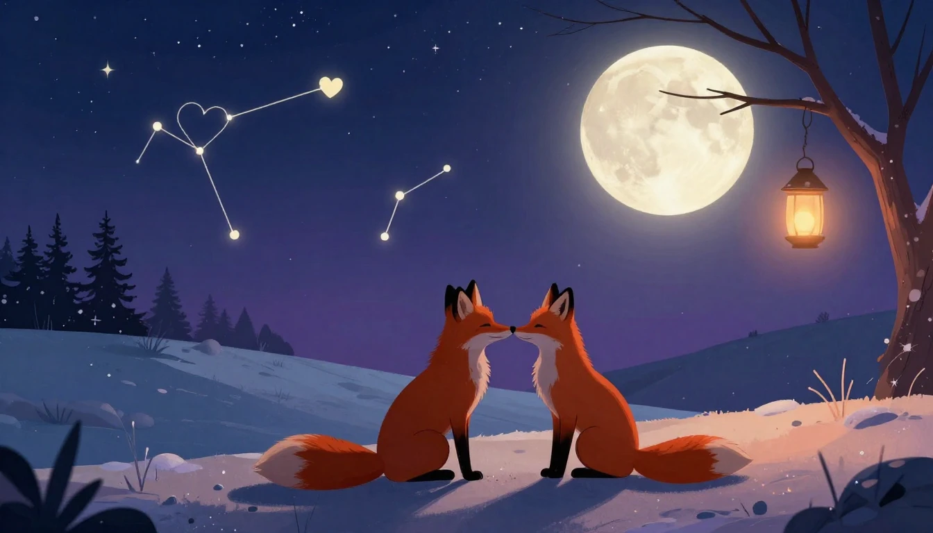 A romantic and whimsical illustration featuring two silhouet...