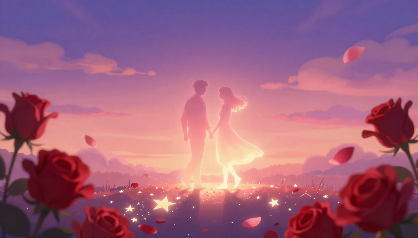 A romantic and dreamy illustration featuring two intertwined...