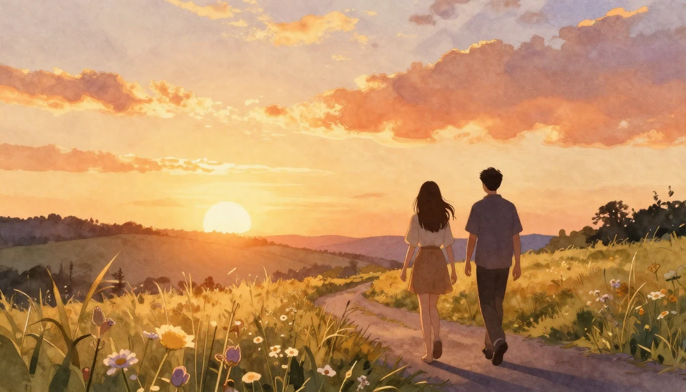 A warm and inviting scene of two silhouetted figures walking...