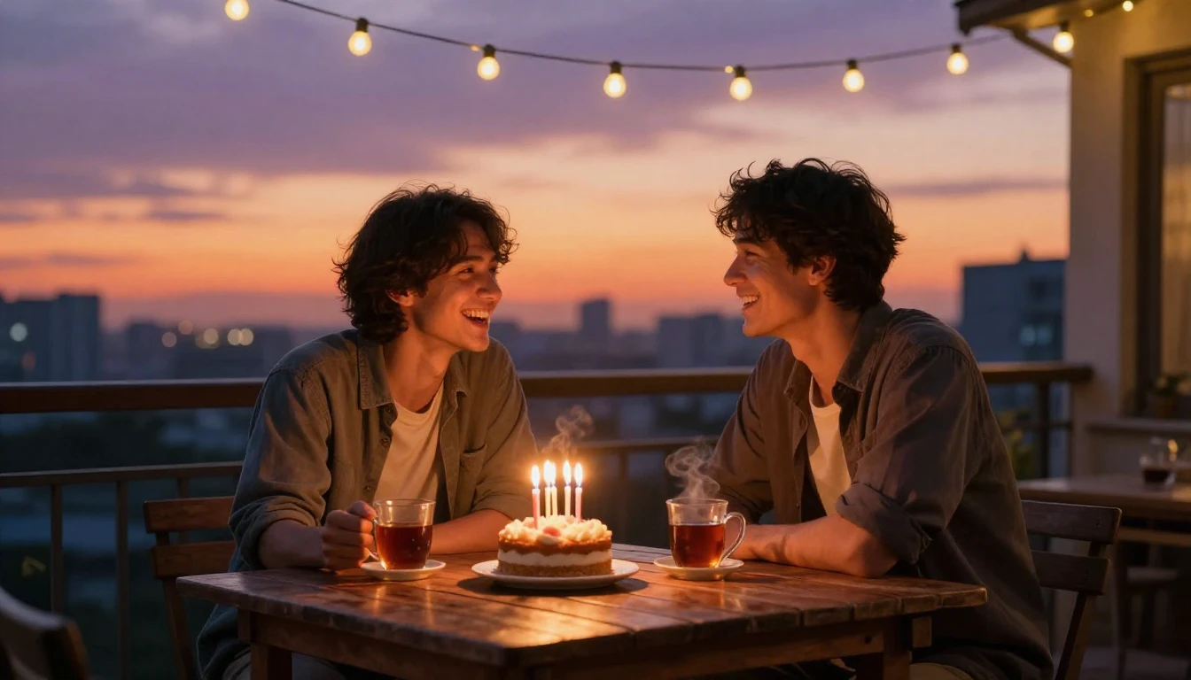 A heartwarming cinematic scene featuring two male friends si...