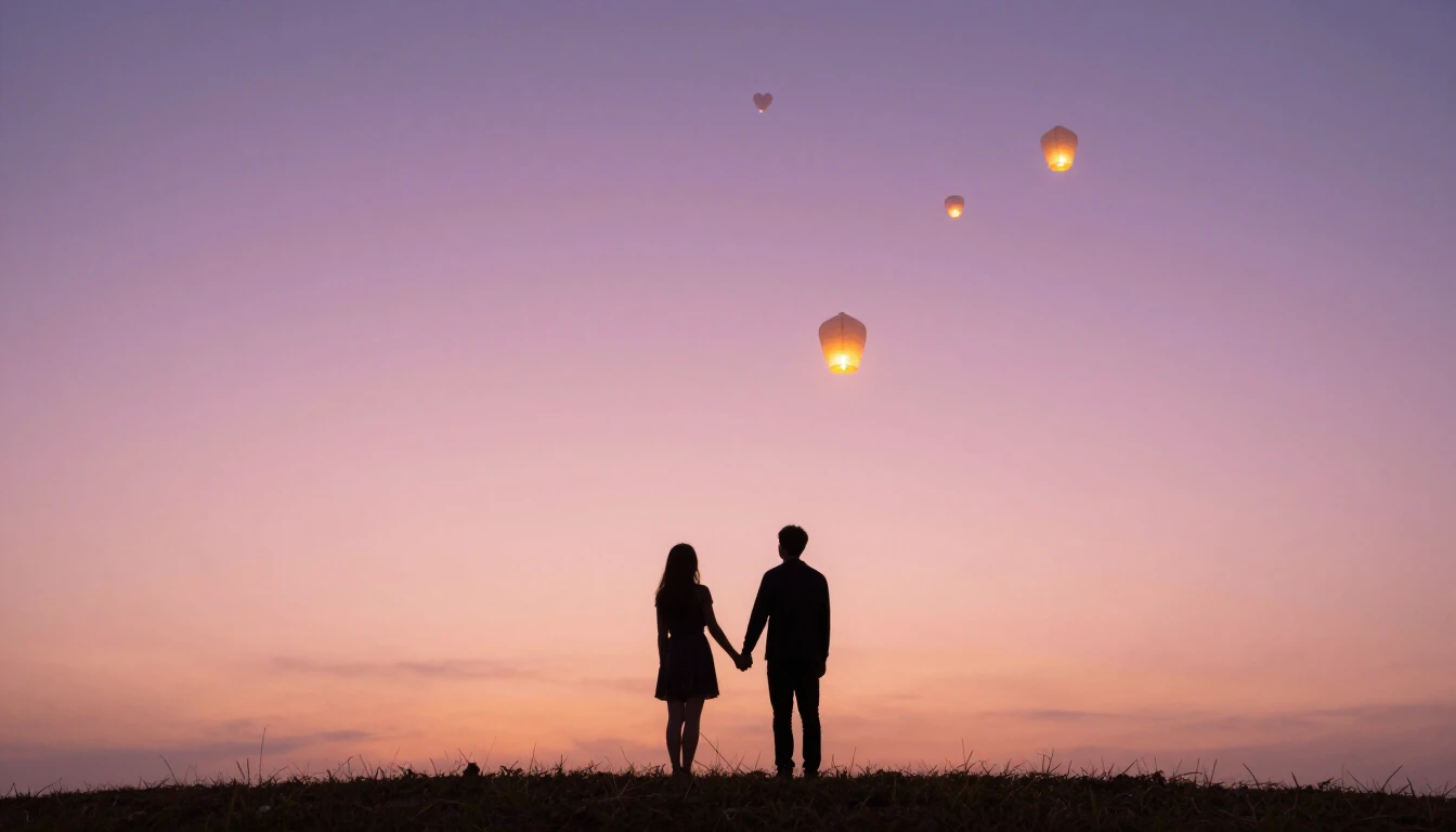 A romantic and dreamlike scene featuring two silhouettes hol...