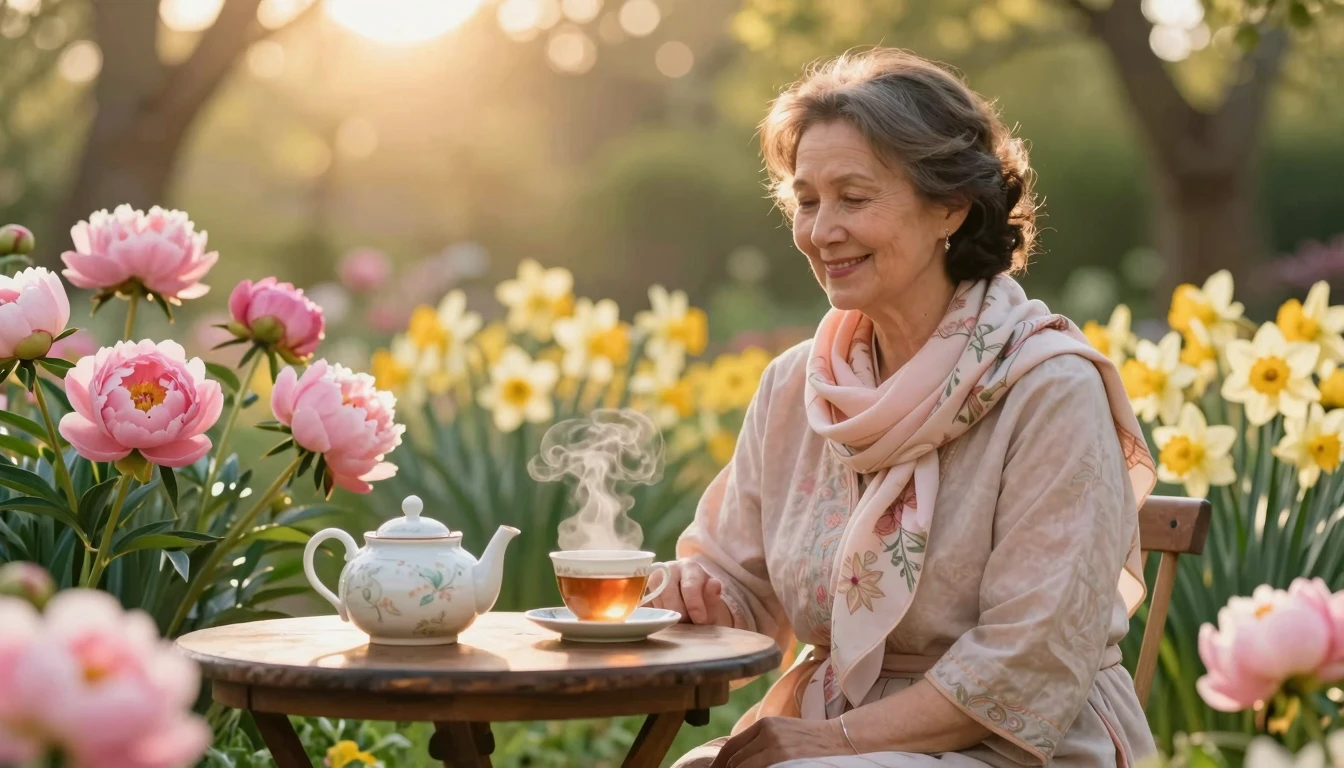 A heartwarming and serene scene of a kind, middle-aged woman...