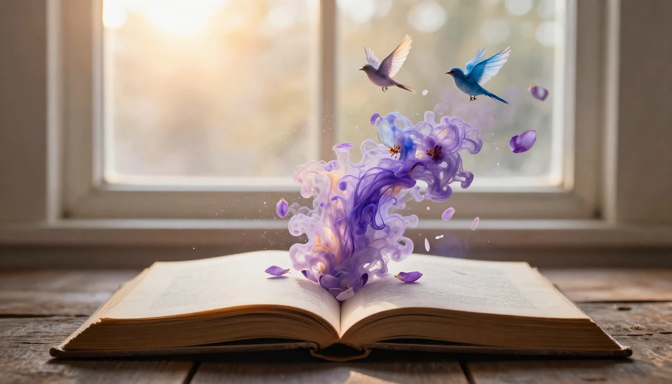 A magical and dreamlike scene featuring an open antique book...