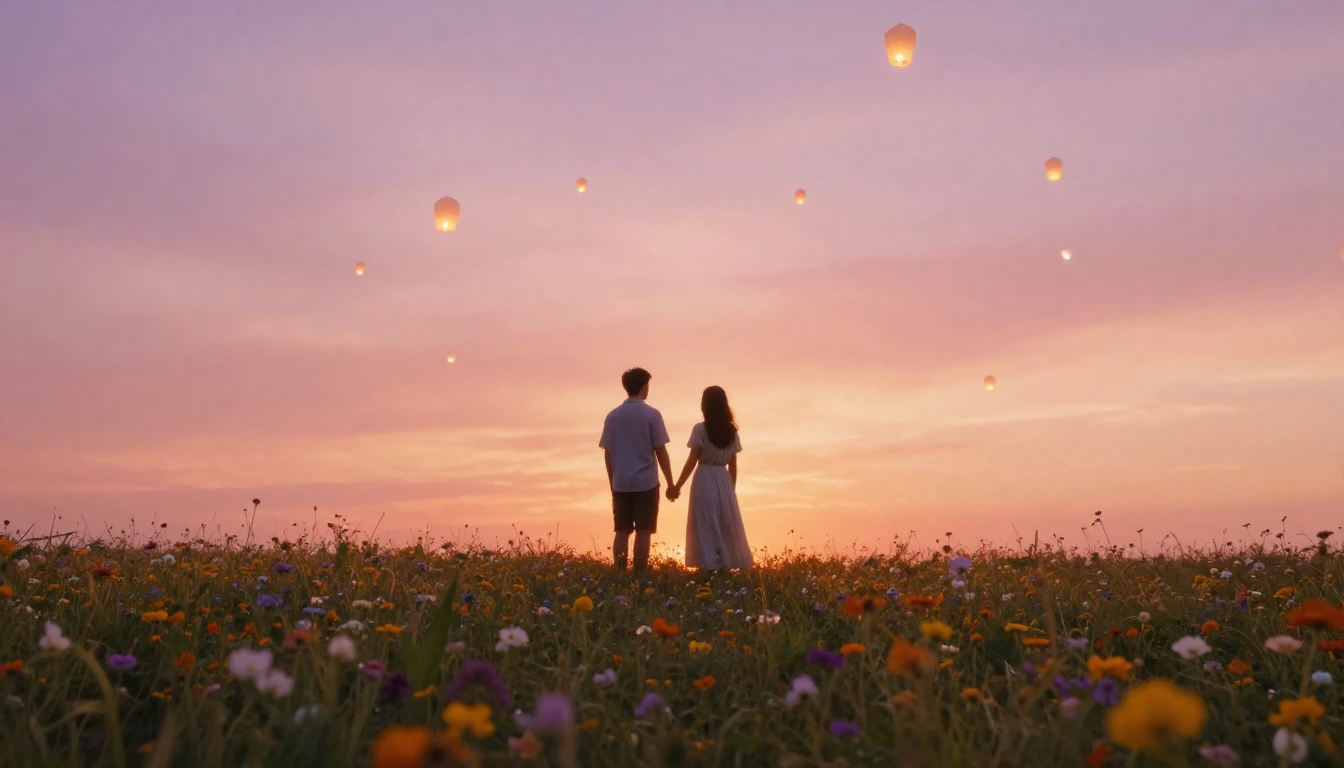 A romantic and ethereal scene of a couple standing on a flow...