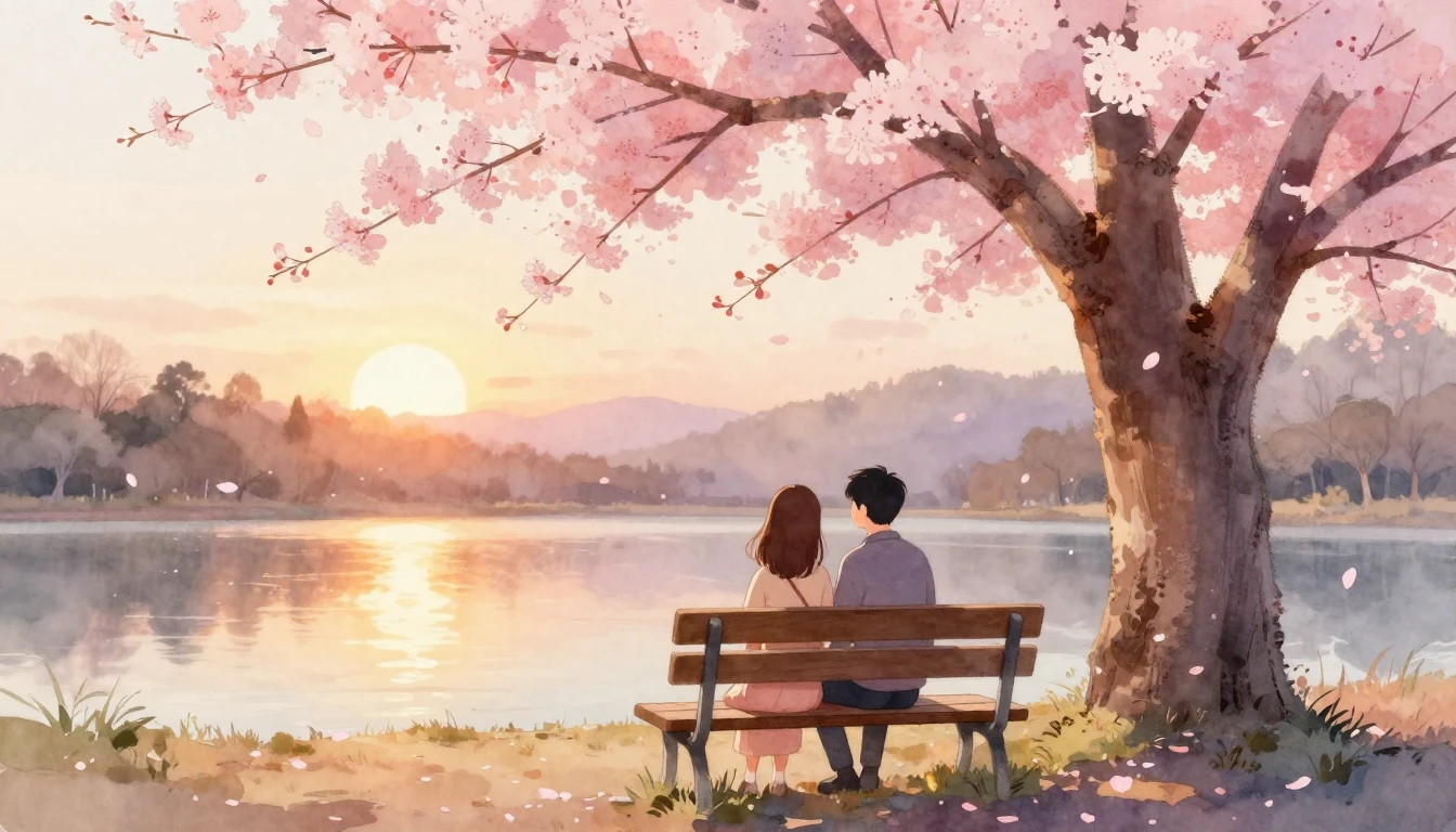 A romantic and cozy watercolor illustration of two people si...