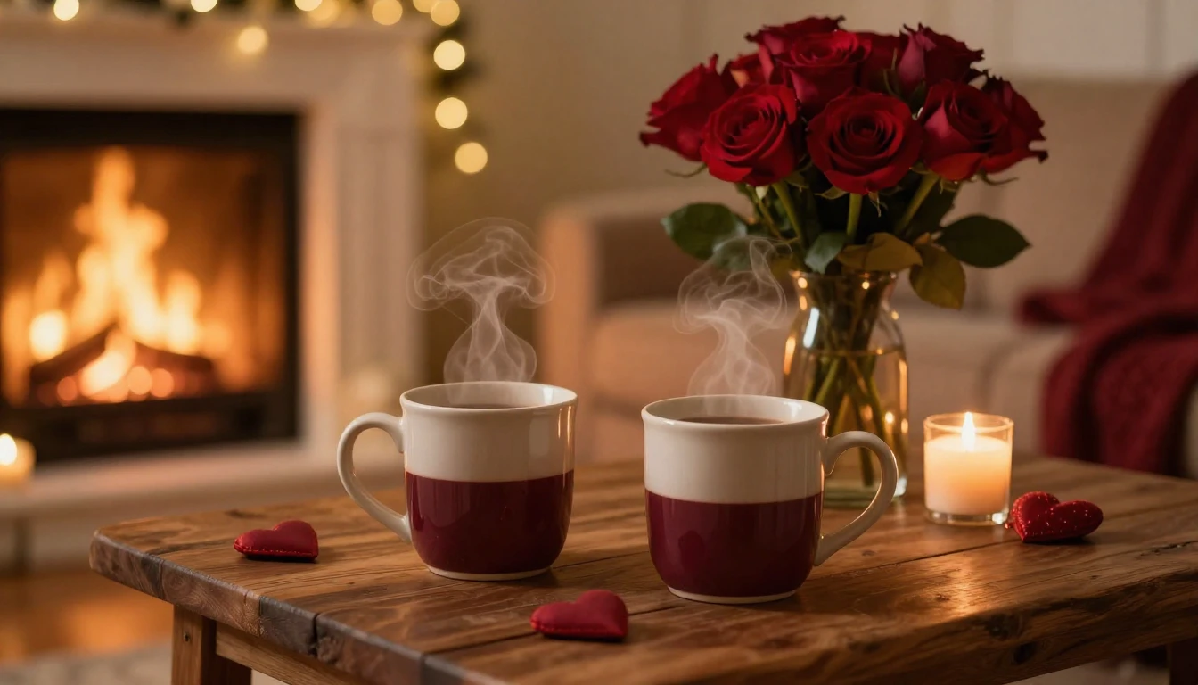 A cozy and romantic indoor setting featuring two steaming ce...