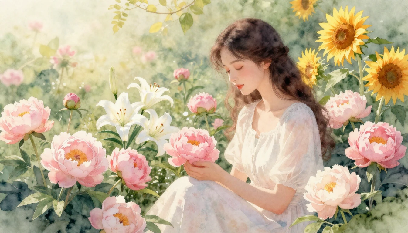 A beautiful watercolor painting of a serene and elegant woma...