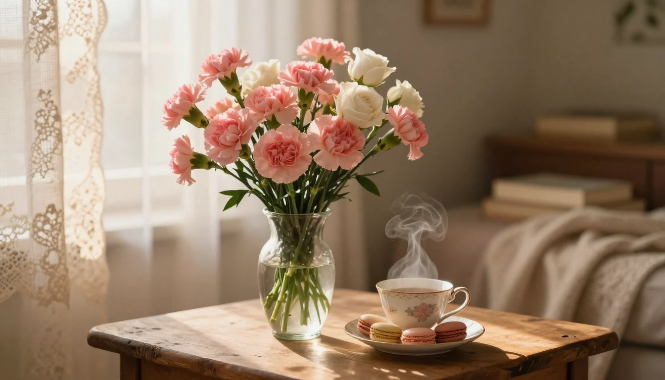 A serene and warm scene featuring a beautiful bouquet of sof...