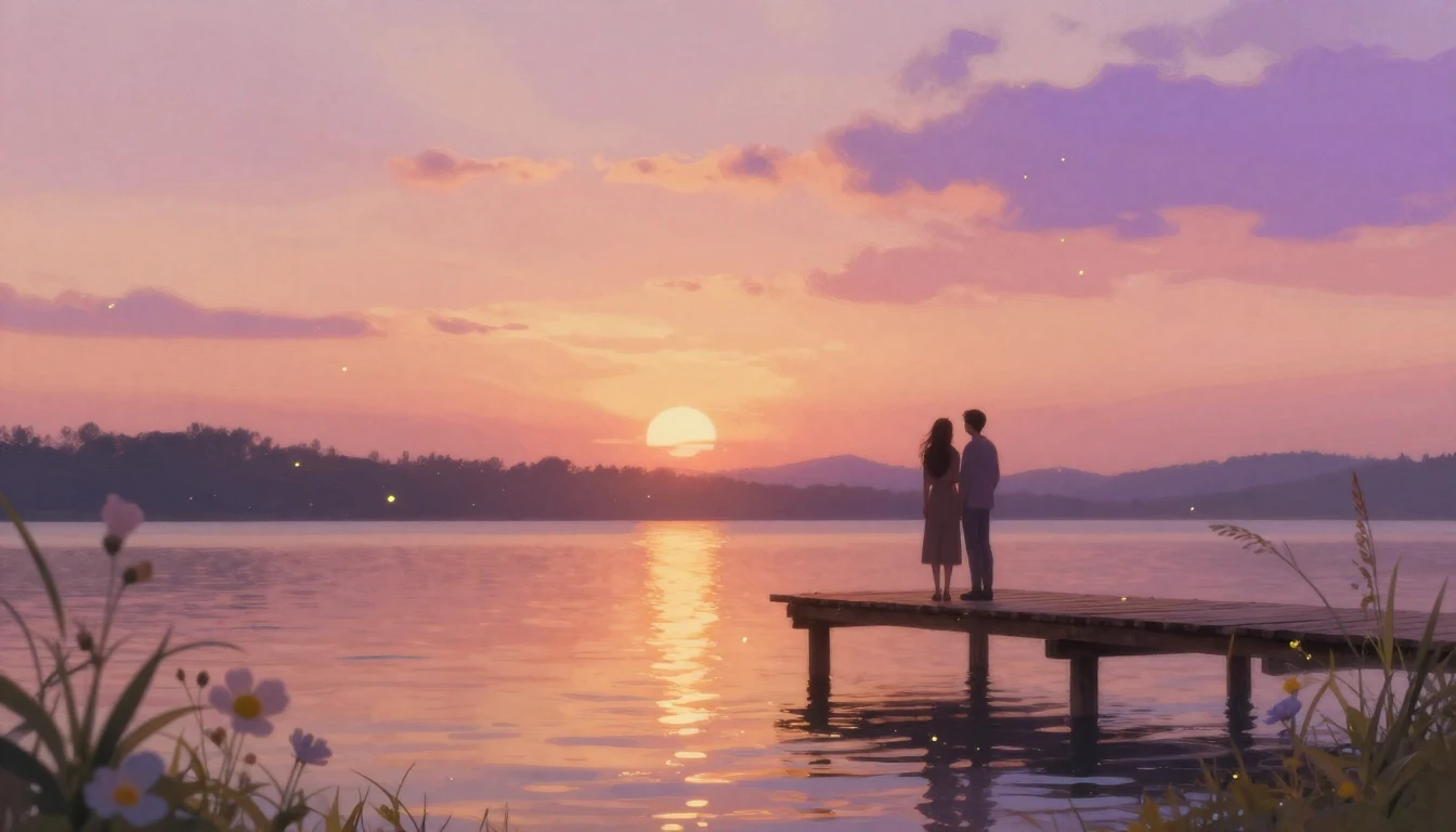 A romantic and ethereal scene of two silhouettes standing cl...