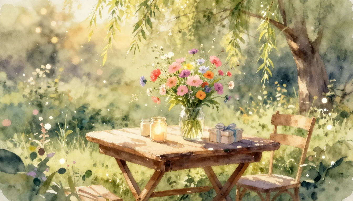 A delicate watercolor painting of a sun-drenched garden duri...