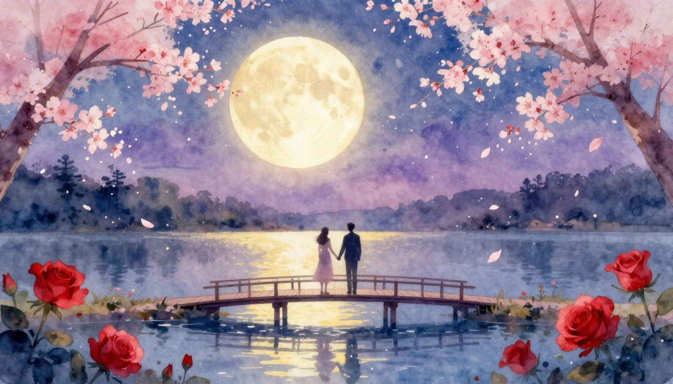 A dreamy and romantic watercolor painting depicting two silh...
