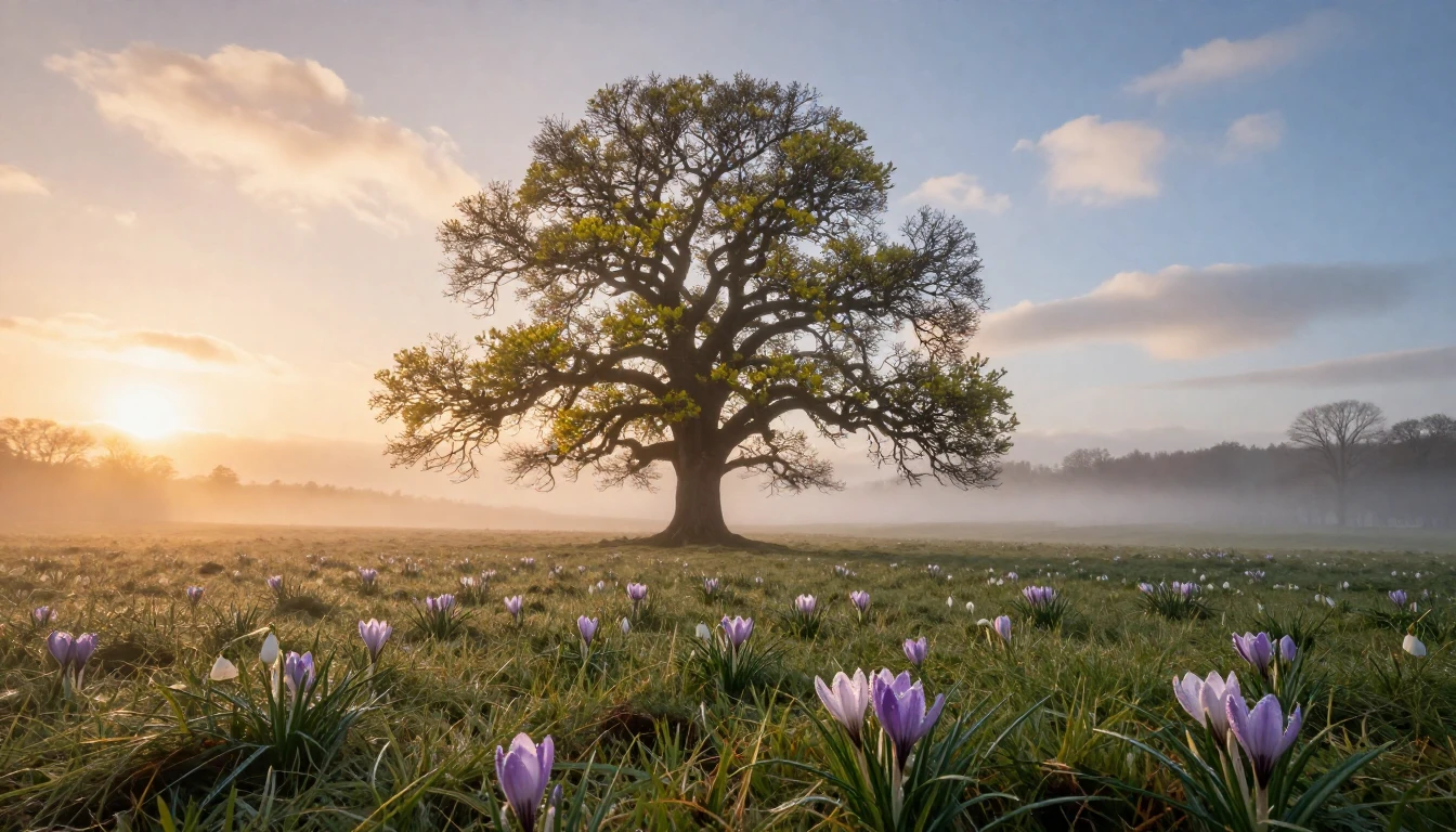 A breathtaking meadow at sunrise on the first day of spring....