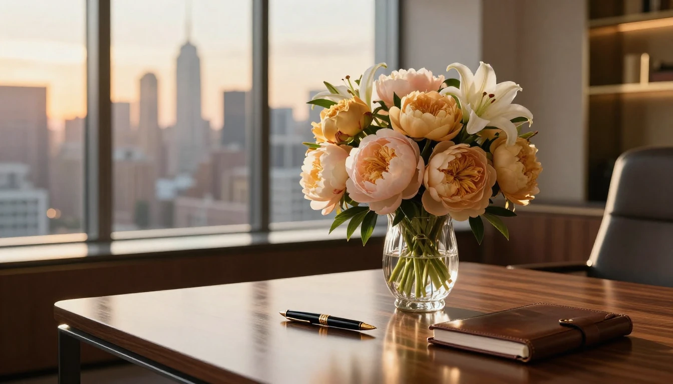 A sophisticated and elegant scene of a modern, high-end offi...