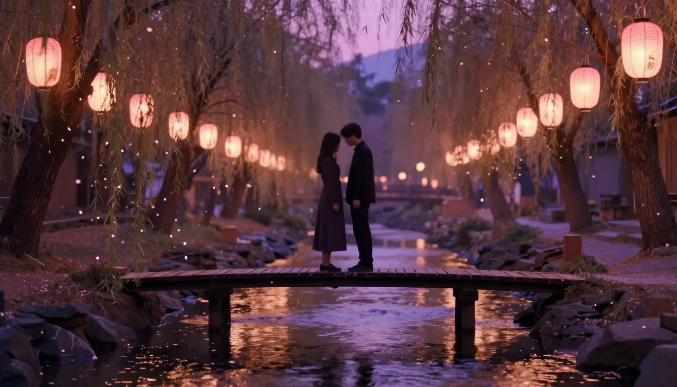 A romantic and ethereal scene of two silhouettes standing on...