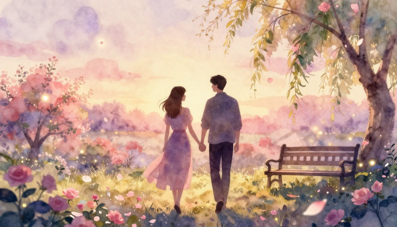 A romantic scene of two people silhouettes walking hand in h...