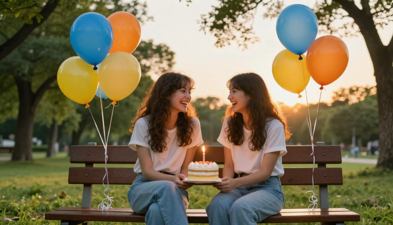 A heartwarming scene of two best friends sitting on a wooden...