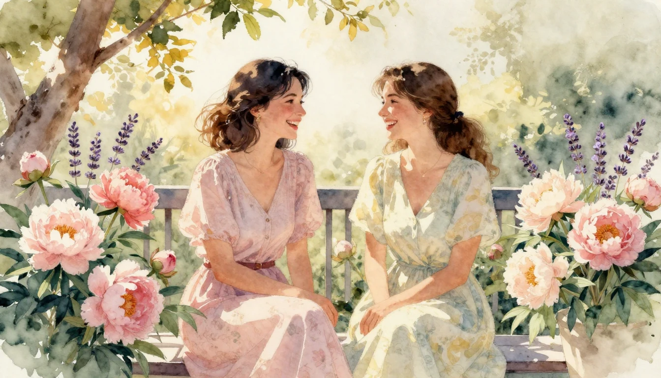 A beautiful watercolor painting depicting two female friends...