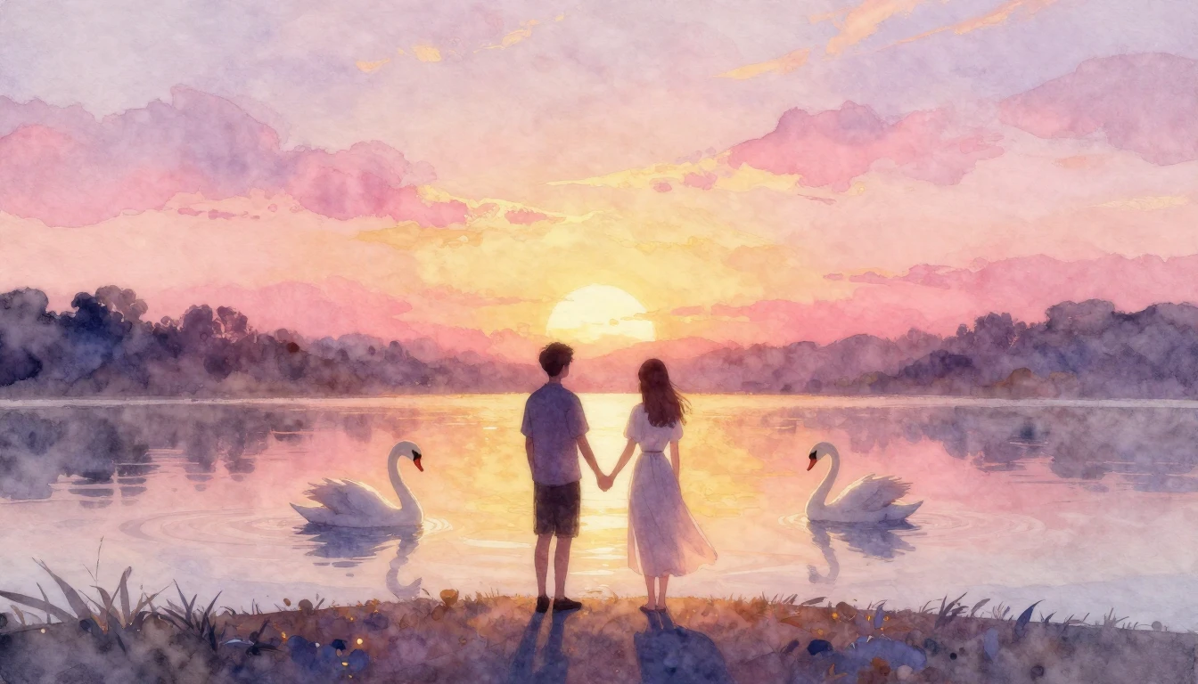 A romantic and dreamy watercolor painting depicting a silhou...