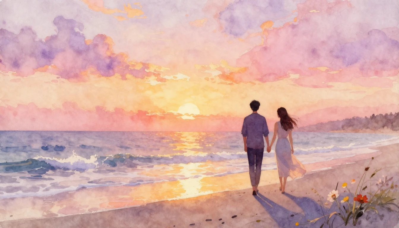 A romantic and ethereal watercolor painting of two silhouett...