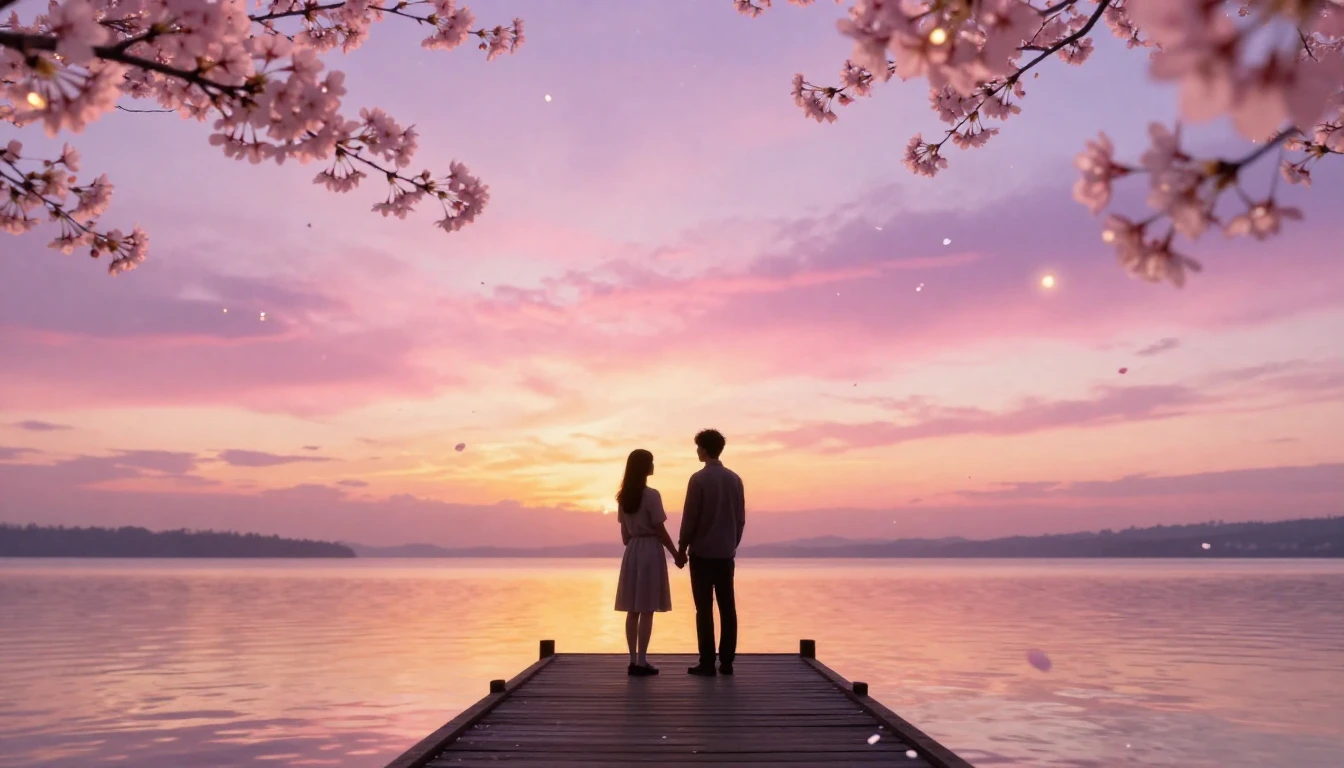 A romantic and ethereal scene featuring two silhouettes of a...