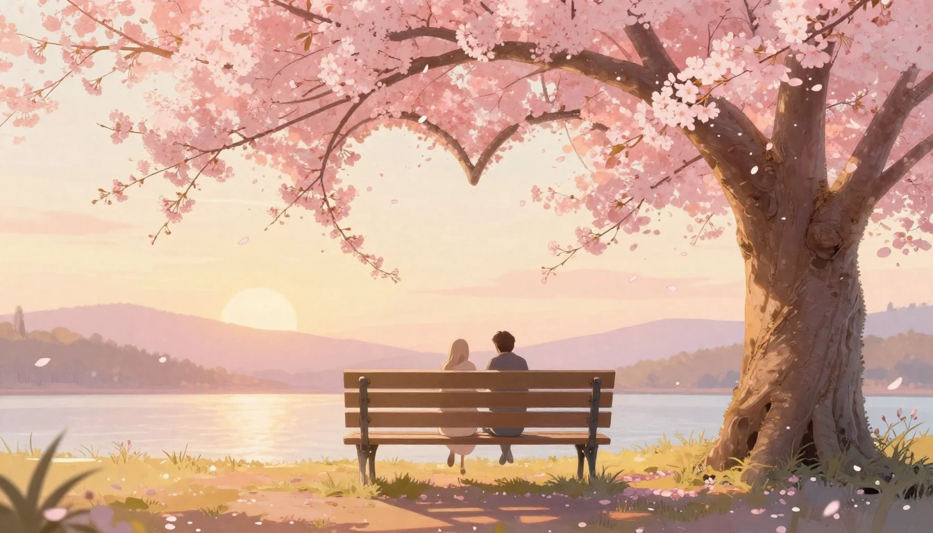 A romantic and dreamy scene featuring a vintage park bench u...
