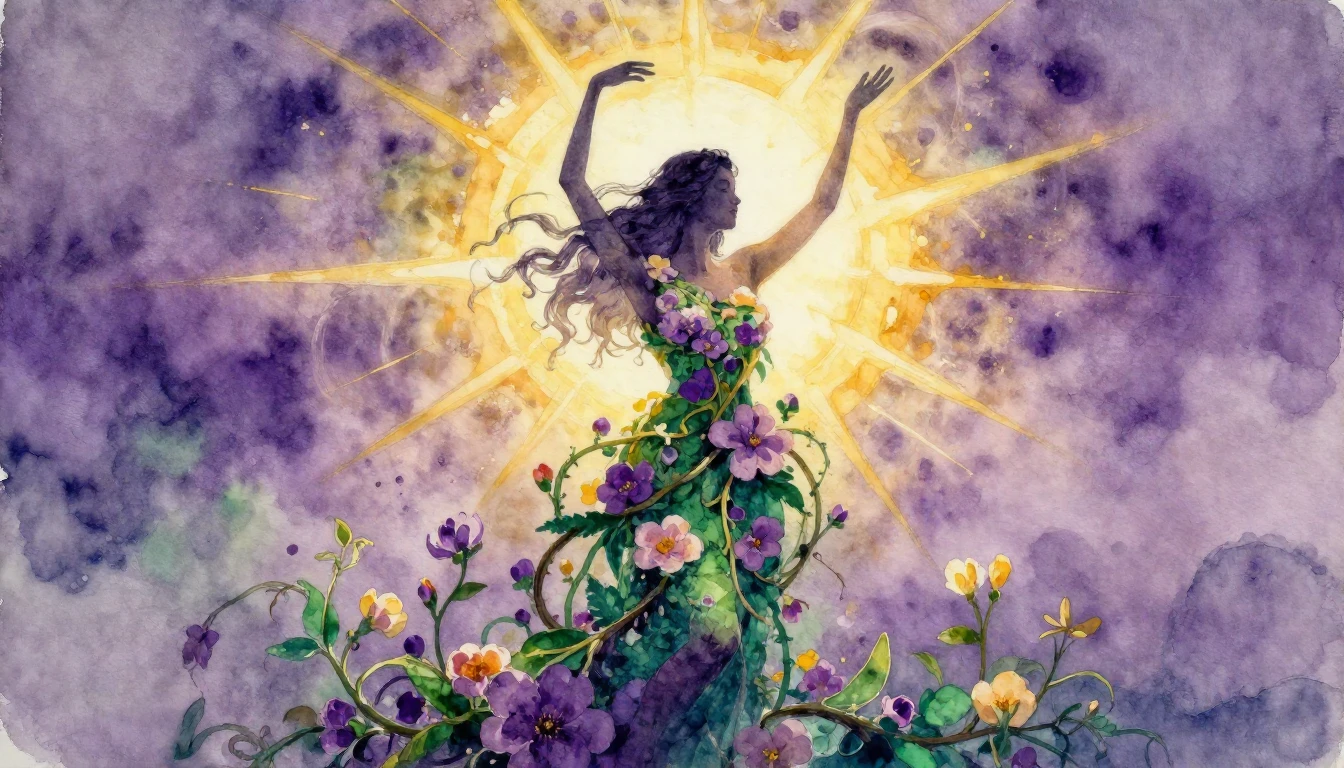 A breathtaking watercolor painting featuring a stylized, eth...