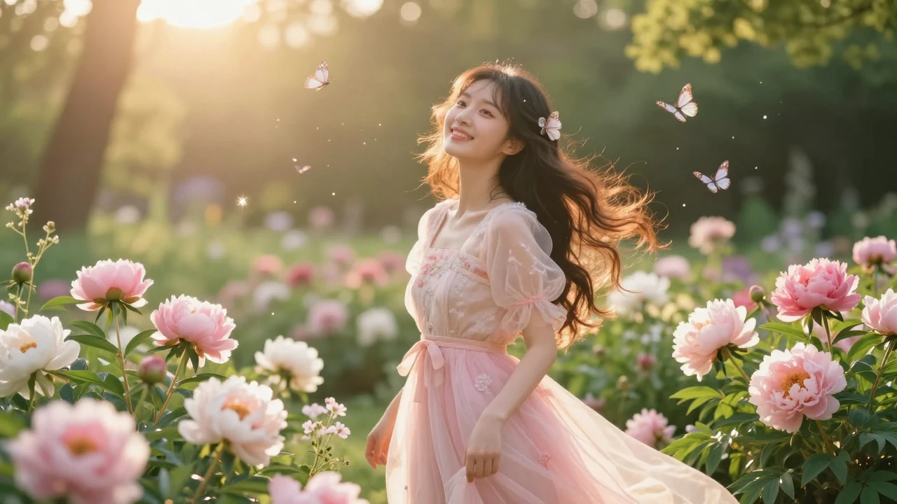 A beautiful young woman with a joyful expression, standing i...
