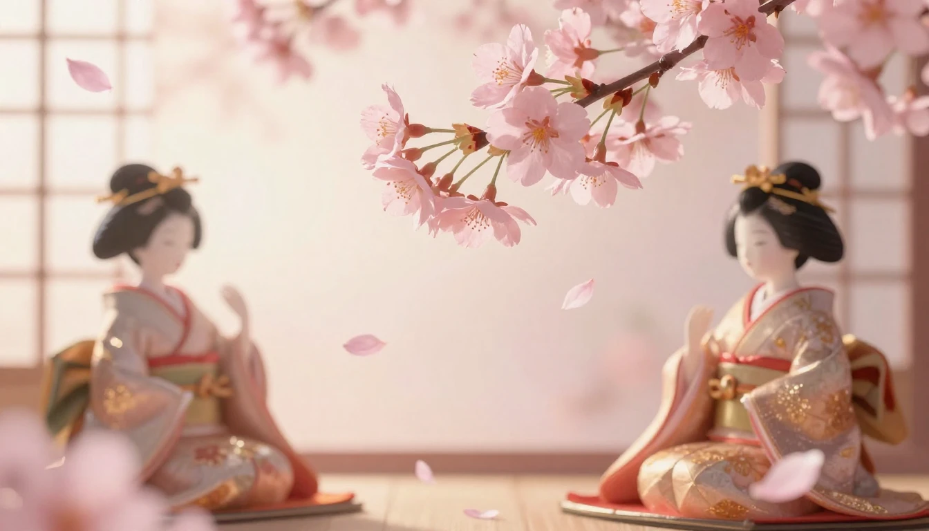 A beautiful and serene Hinamatsuri scene. In the center, del...