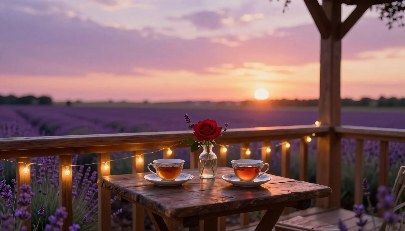 A romantic and ethereal scene featuring a cozy wooden balcon...