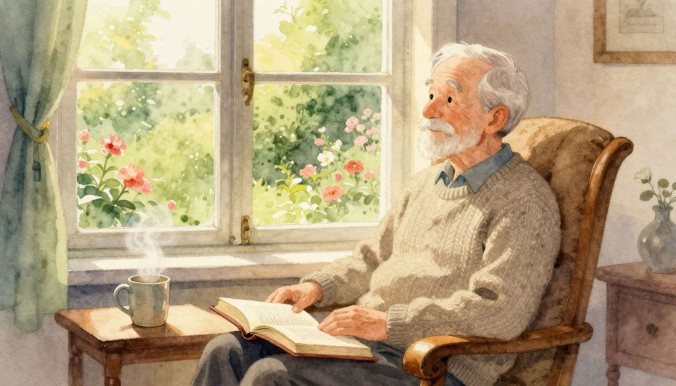 A heartwarming watercolor illustration of a kind elderly man...