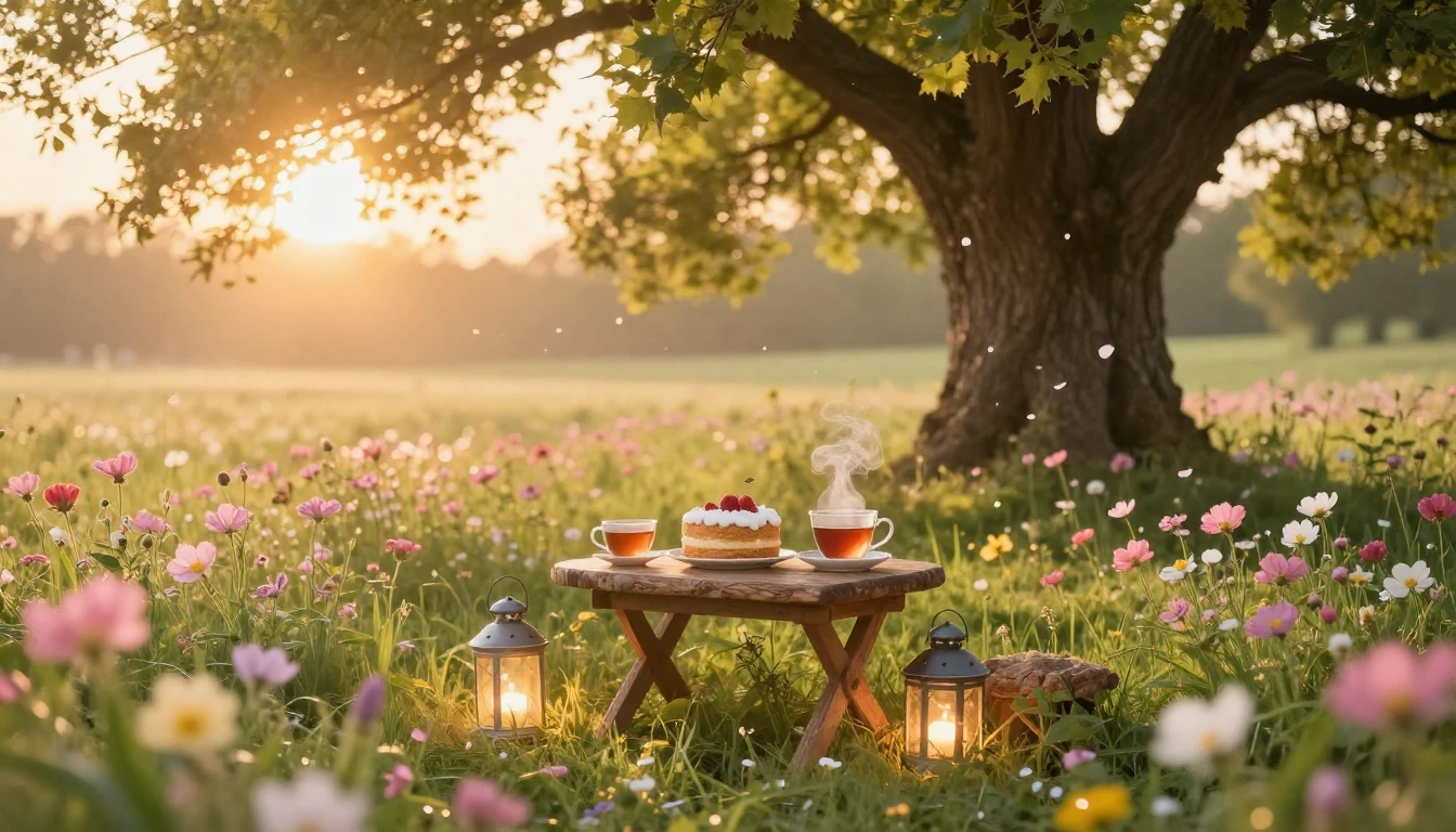 A warm and inviting scene of a golden sunrise over a lush, b...