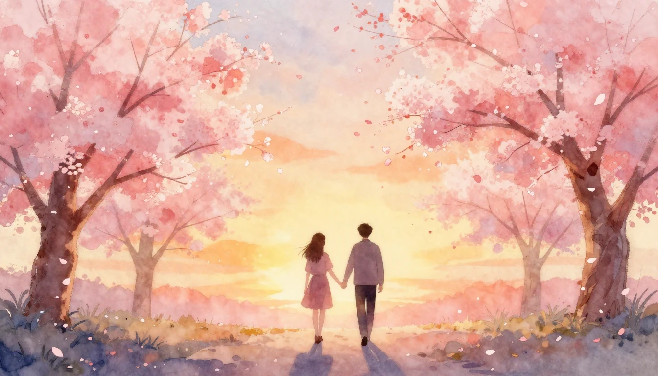 A soft and romantic watercolor painting depicting two silhou...