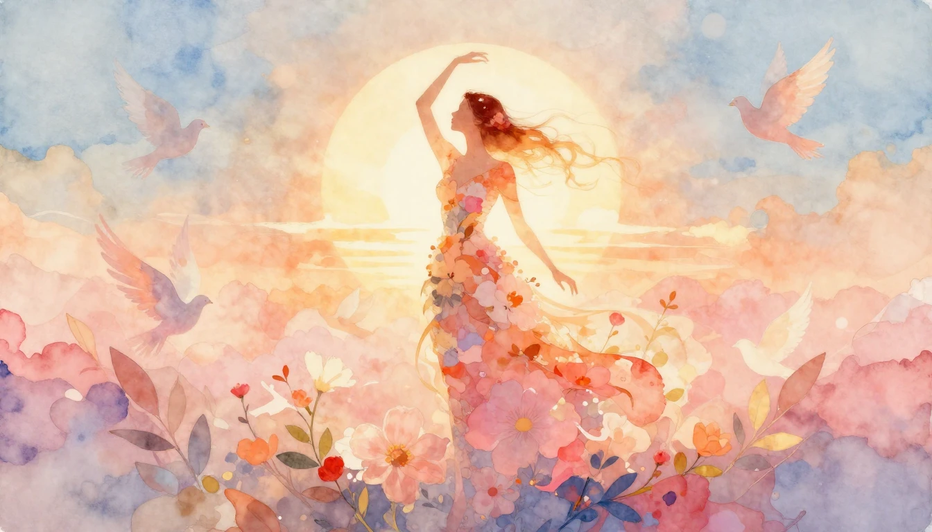 A soft and flowing watercolor painting representing female s...