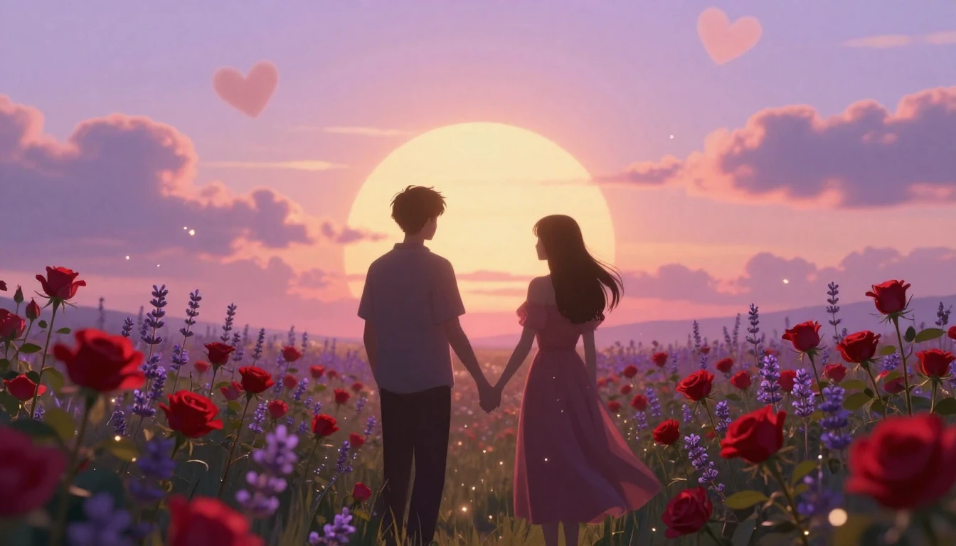 A romantic and dreamy scene depicting two silhouettes holdin...