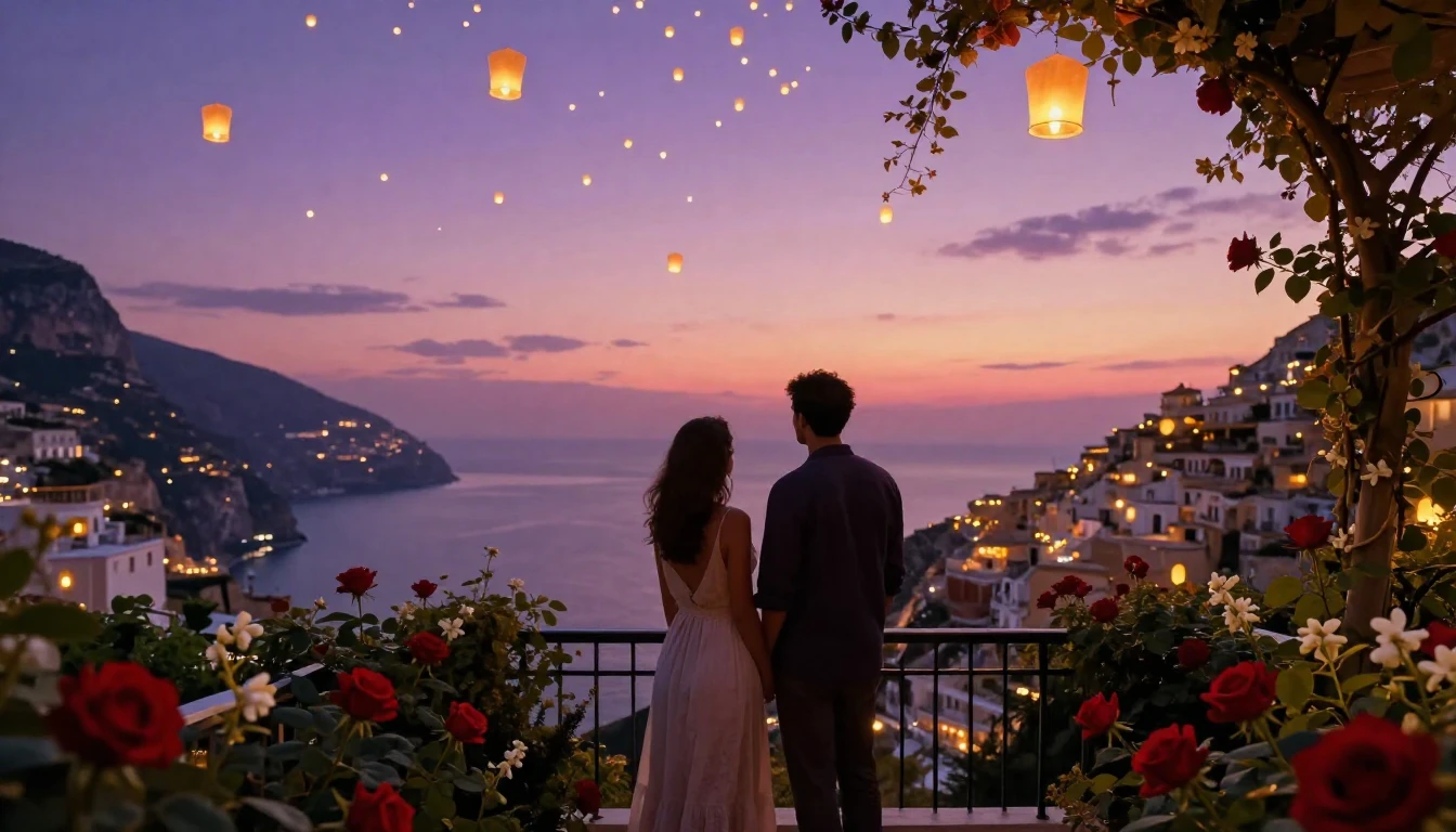 A dreamlike and romantic scene featuring two silhouettes of ...