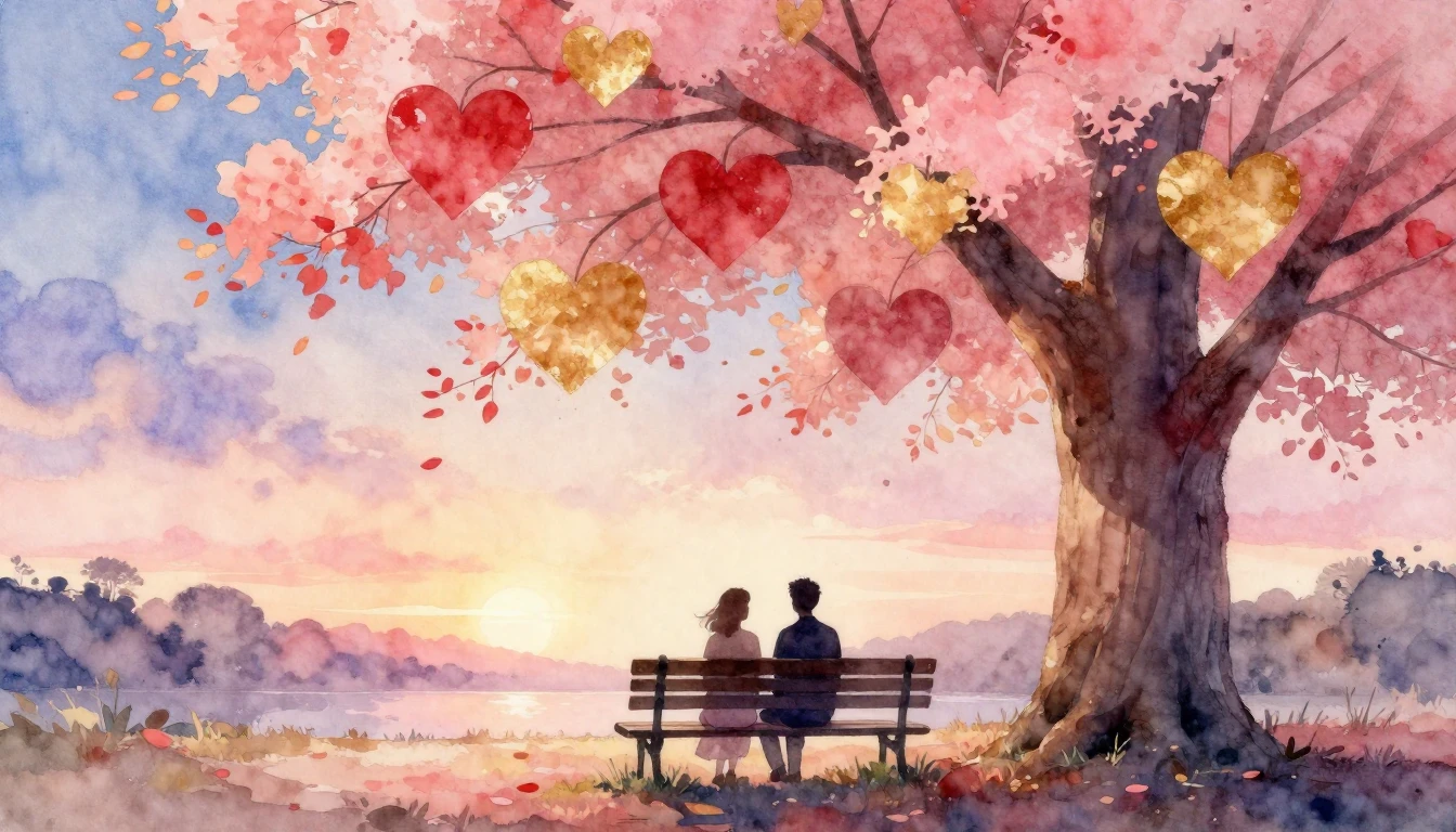 A soft and romantic watercolor painting depicting two silhou...