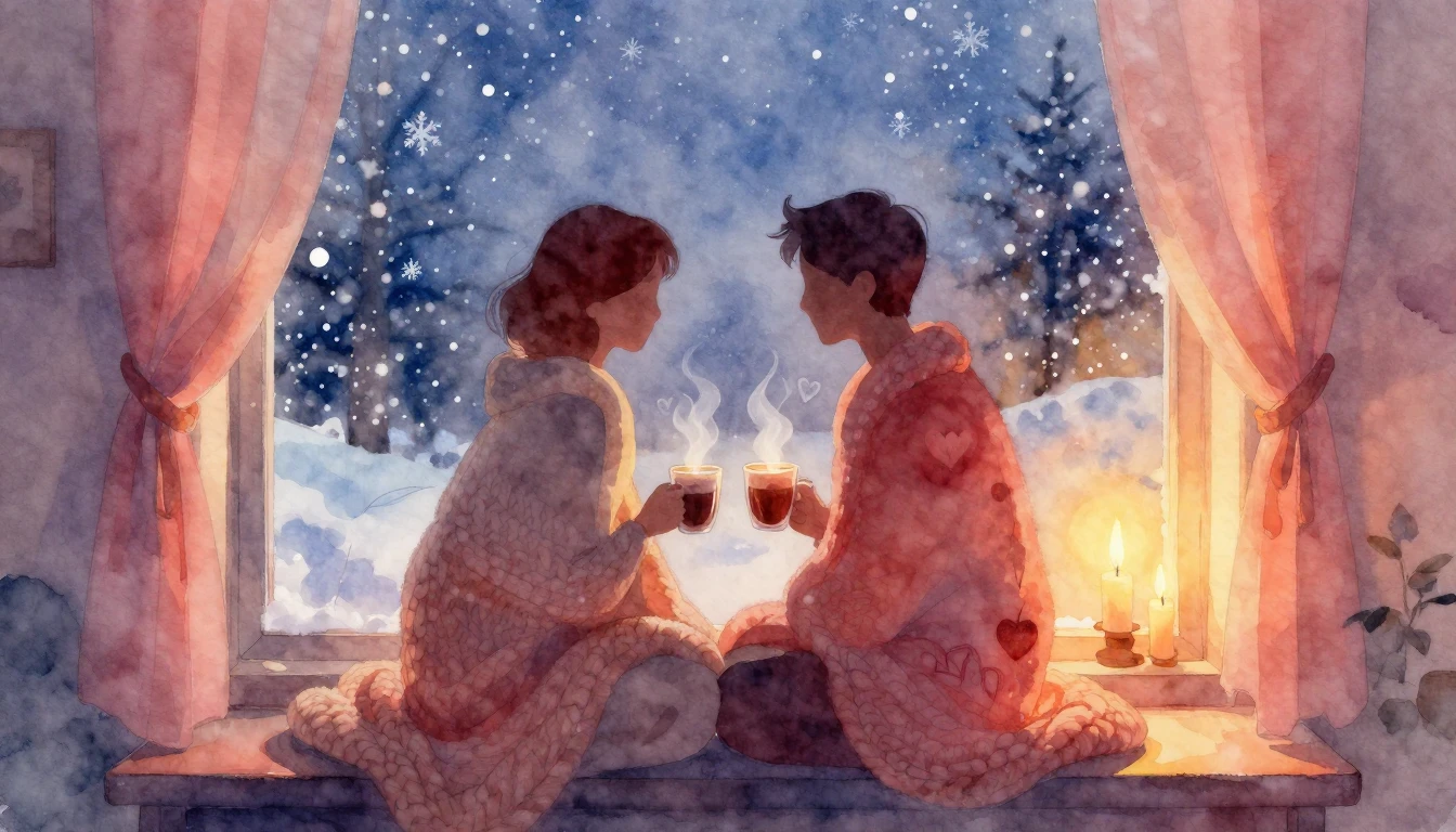 A soft, romantic watercolor painting depicting a cozy evenin...