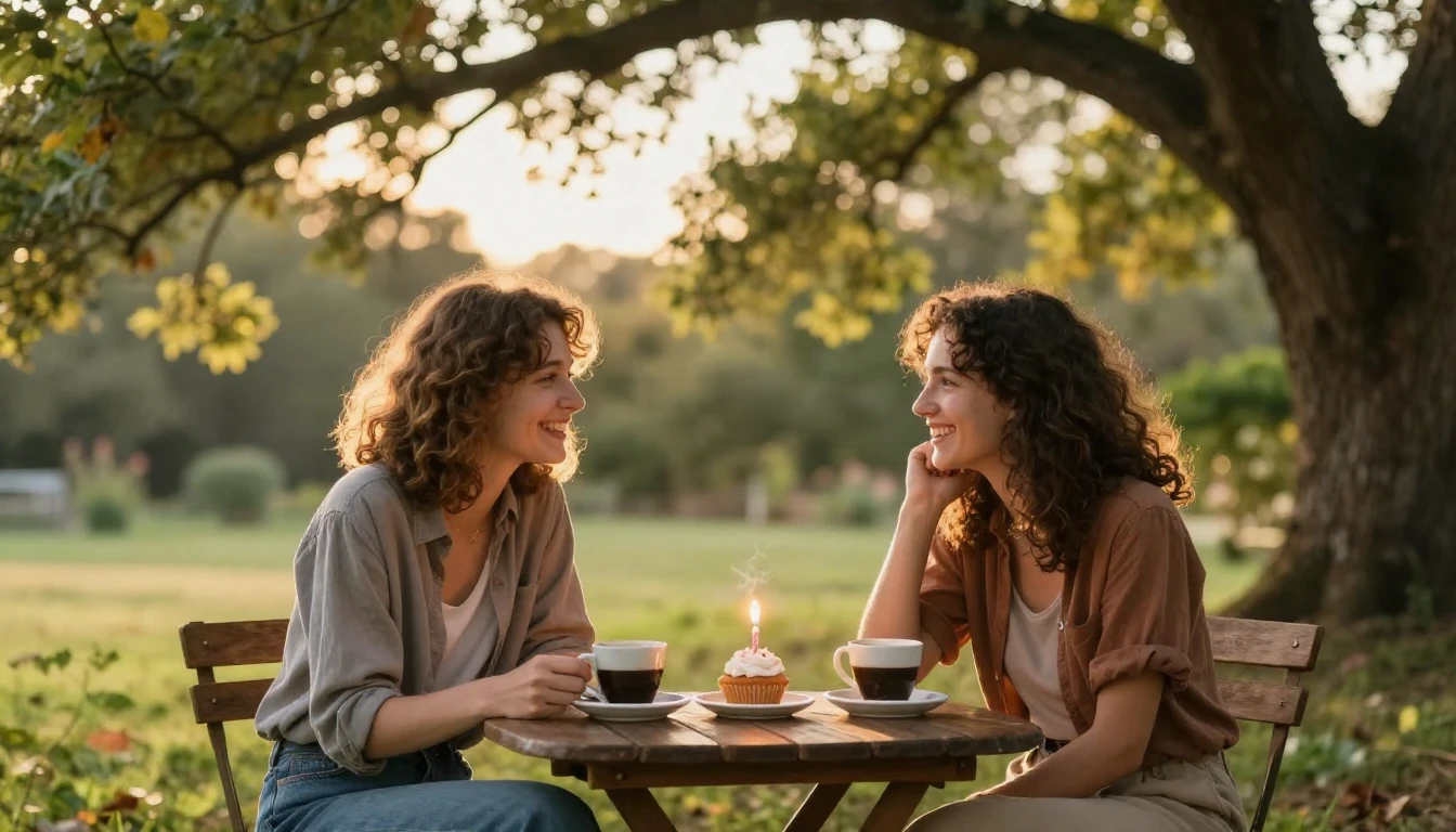 A heartwarming scene featuring two close friends sitting tog...